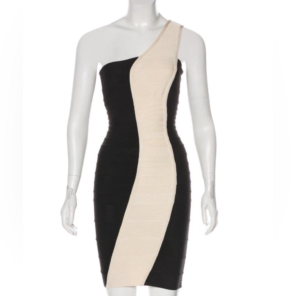 Herve Leger One Shoulder NITA Birch Ivory Bodycon Bandage Dress, Size S